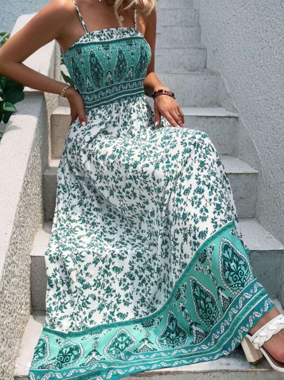 Green Floral Maxi Dress with Border Print